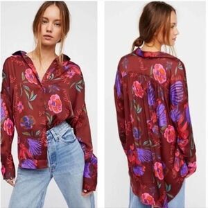 Free People Silky Nights‎ Blouse in Wine button up satin hi lo oversized